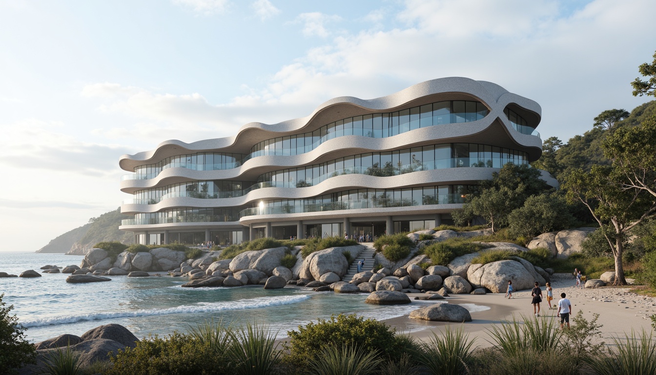 Prompt: Organic coastal office building, wavy lines, undulating curves, shell-inspired fa\u00e7ade, ocean-blue glass, driftwood accents, sea-salt weathered stone, beachy textures, natural ventilation systems, cantilevered floors, panoramic ocean views, soft diffused lighting, 1/1 composition, atmospheric perspective, misty morning atmosphere, seagull sounds, subtle color palette, eco-friendly materials, sustainable energy harvesting systems, green roofs, living walls, adaptive reuse of existing structures.