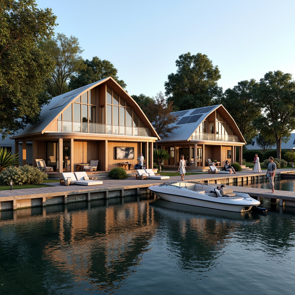 Prompt: Waterfront boathouse, rustic wooden docks, serene lake views, modern glazing systems, floor-to-ceiling windows, sliding glass doors, reflective water-inspired fa\u00e7ades, angular metal frames, minimalist design, sustainable energy solutions, solar panels, green roofs, eco-friendly materials, innovative cooling technologies, shaded outdoor spaces, misting systems, nautical-themed decorations, vibrant colorful textiles, intricate geometric motifs, warm soft lighting, shallow depth of field, 3/4 composition, panoramic view, realistic textures, ambient occlusion.