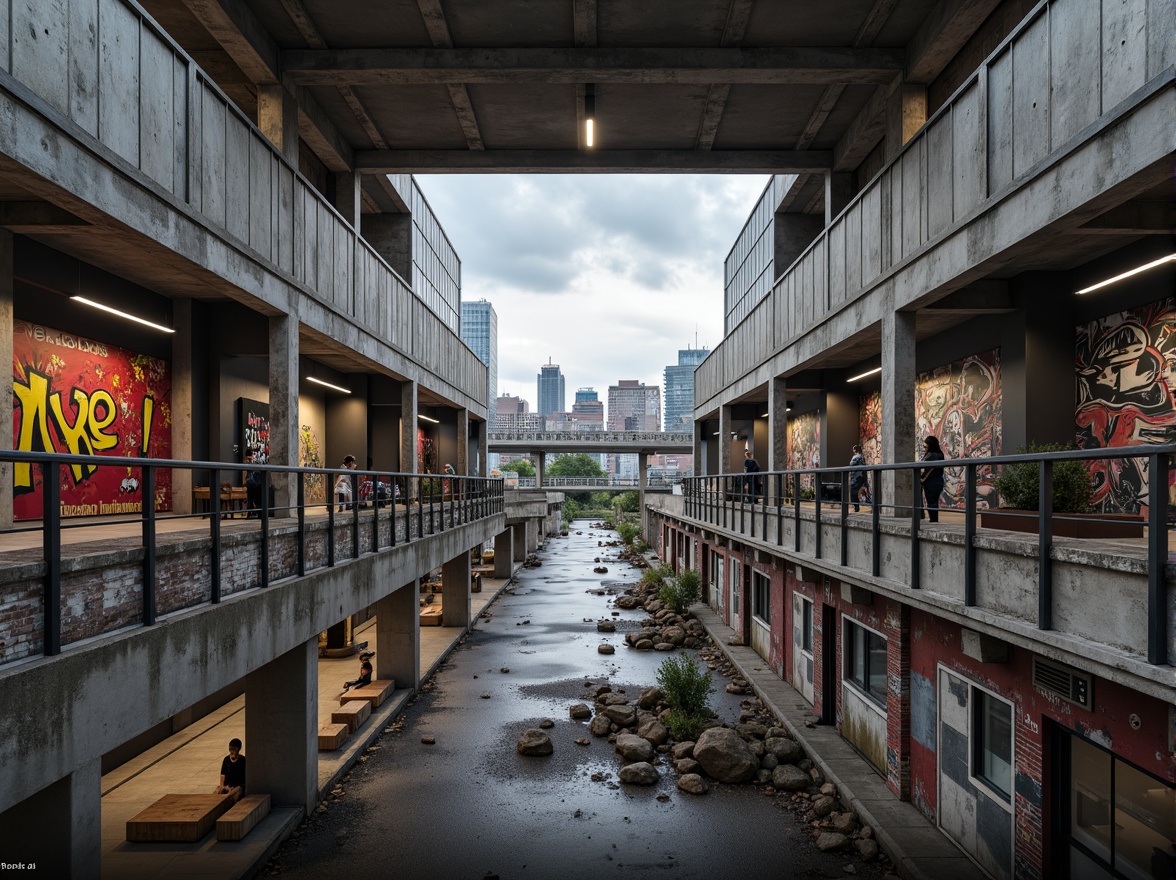 Prompt: Industrial urban landscape, brutalist architecture, exposed concrete walls, steel beams, minimalist decor, monochromatic color scheme, bold accent colors, vibrant street art, graffiti murals, urban textures, distressed finishes, reclaimed wood accents, industrial lighting fixtures, metal railings, cityscape views, cloudy skies, dramatic shadows, high contrast ratio, 1/2 composition, cinematic mood, gritty realism.