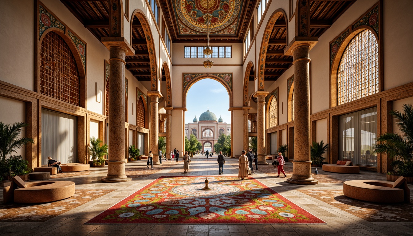 Prompt: Vibrant Islamic-inspired architecture, intricate geometric motifs, ornate tile work, symmetrical archways, grand domes, minarets, colorful mosaics, luxurious textiles, opulent furnishings, lavish decorations, majestic columns, grandiose chandeliers, warm golden lighting, shallow depth of field, 3/4 composition, panoramic view, realistic textures, ambient occlusion.