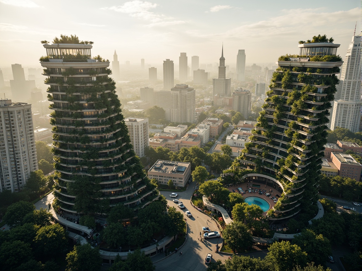 Prompt: Curved skyscraper, organic forms, lush green walls, living roofs, solar panels, wind turbines, rainwater harvesting systems, recycled materials, natural ventilation, large windows, minimal shading devices, soft warm lighting, shallow depth of field, 3/4 composition, panoramic view, realistic textures, ambient occlusion, urban jungle, bustling cityscape, morning fog, misty atmosphere, vibrant city lights, eclectic neighborhood, artistic street art.