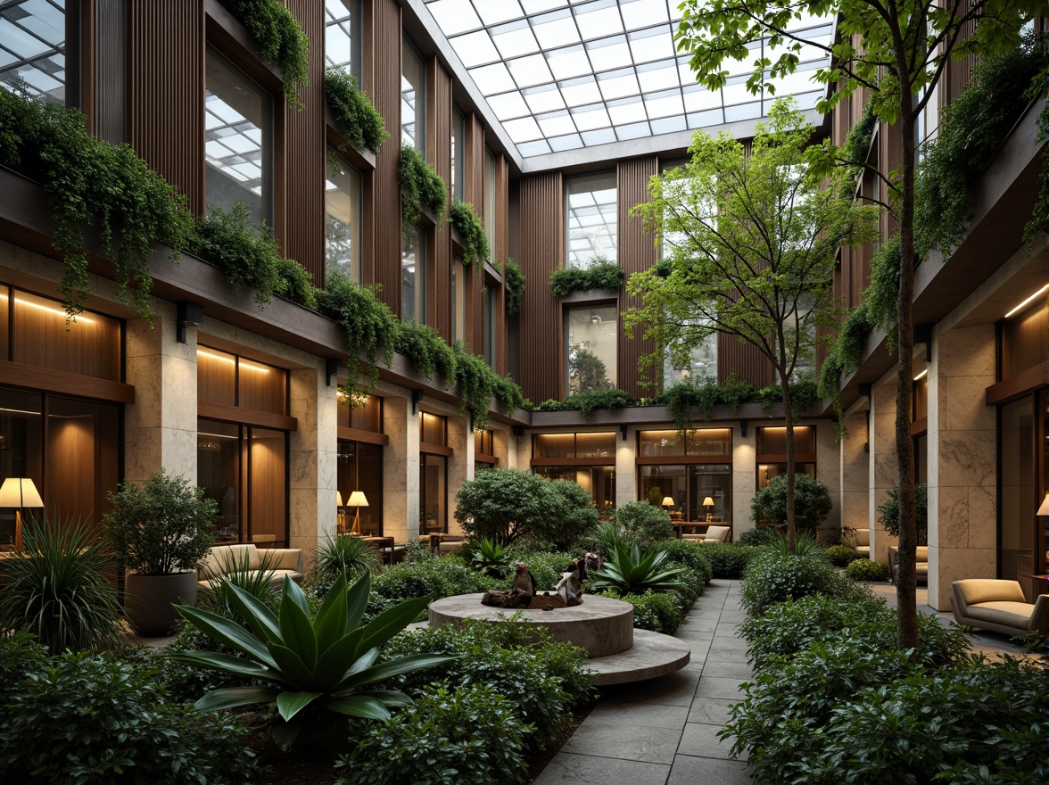 Prompt: Vibrant atrium, lush greenery, natural stone walls, wooden accents, clerestory windows, skylights, solar tubes, reflective surfaces, ambient lighting, soft warm glow, indirect illumination, layered shading, 3/4 composition, panoramic view, realistic textures, subtle color palette, earthy tones, organic forms, minimalist decor, cozy atmosphere, serene ambiance.