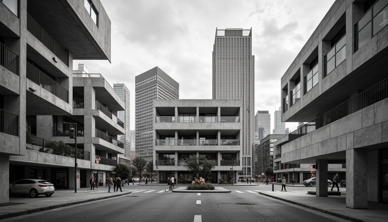 Prompt: Geometric buildings, brutalist architecture, raw concrete textures, industrial materials, minimalist decor, open floor plans, functional spaces, modular furniture, urban cityscape, busy streets, modern skyscrapers, abstract sculptures, monochromatic color scheme, high contrast lighting, dramatic shadows, 1/1 composition, symmetrical framing, stark atmospheric mood, realistic renderings.