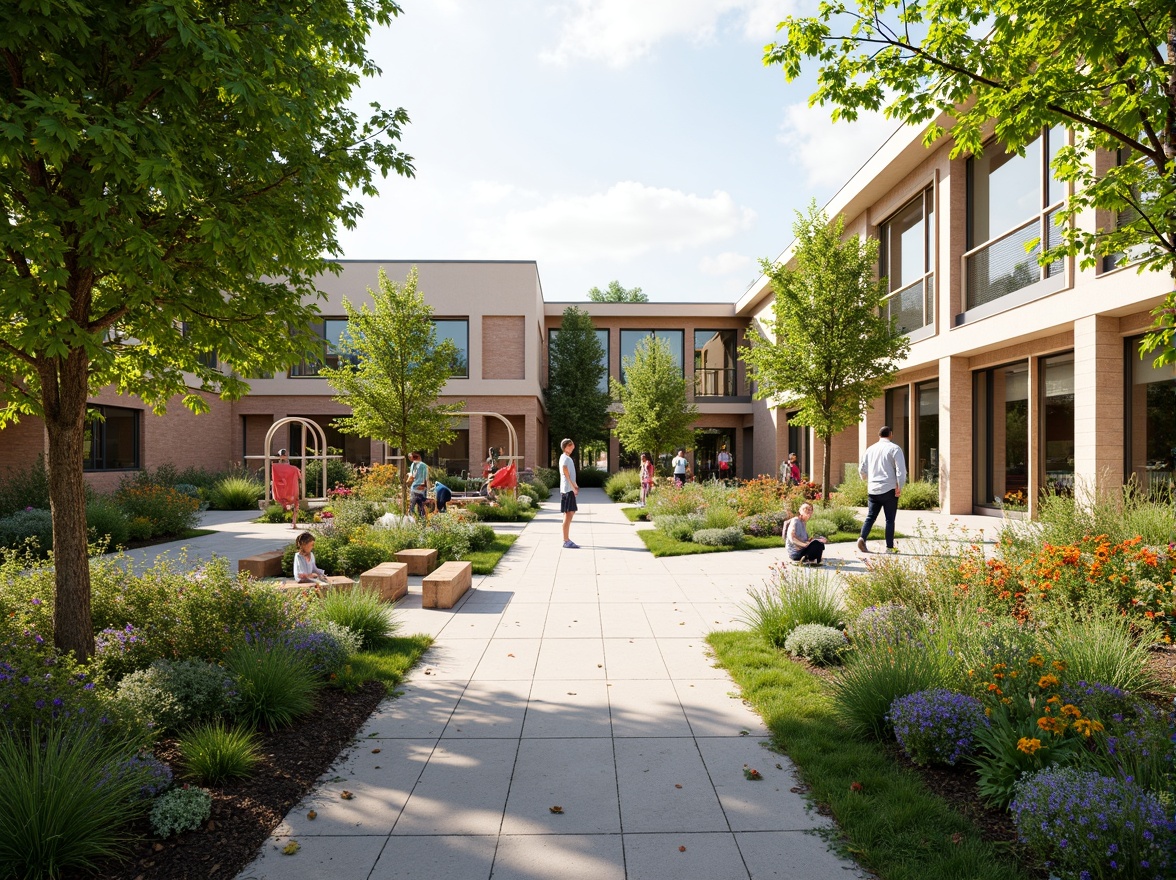 Prompt: Vibrant schoolyard, lush greenery, blooming flowers, playground equipment, climbing frames, slides, swings, benches, educational signs, natural stone walkways, modern architecture, large windows, glass doors, integrated landscape design, outdoor classrooms, rain gardens, bioswales, native plant species, habitat restoration, eco-friendly materials, sustainable water management systems, shaded outdoor spaces, misting systems, soft warm lighting, shallow depth of field, 3/4 composition, panoramic view, realistic textures, ambient occlusion.