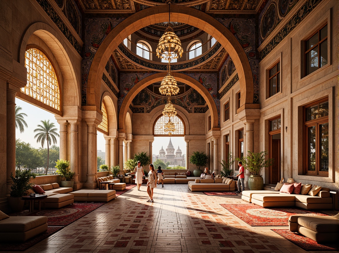 Prompt: Vibrant Islamic-inspired architecture, intricate geometric motifs, ornate tile work, symmetrical archways, grand domes, minarets, colorful mosaics, luxurious textiles, opulent furnishings, lavish decorations, majestic columns, grandiose chandeliers, warm golden lighting, shallow depth of field, 3/4 composition, panoramic view, realistic textures, ambient occlusion.