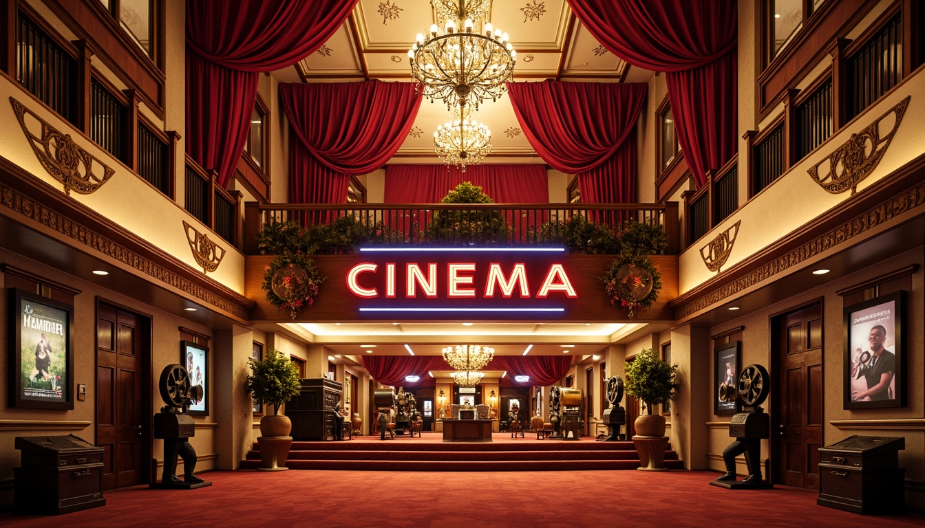 Prompt: Vibrant cinema facade, ornate decorations, Art Deco patterns, neon lights, bold signage, grand entrance, red carpet, luxurious velvet curtains, opulent chandeliers, intricate moldings, ornamental columns, lavish balconies, cinematic posters, nostalgic film cameras, classic movie projectors, warm golden lighting, shallow depth of field, 1/2 composition, cinematic framing, realistic textures, ambient occlusion.