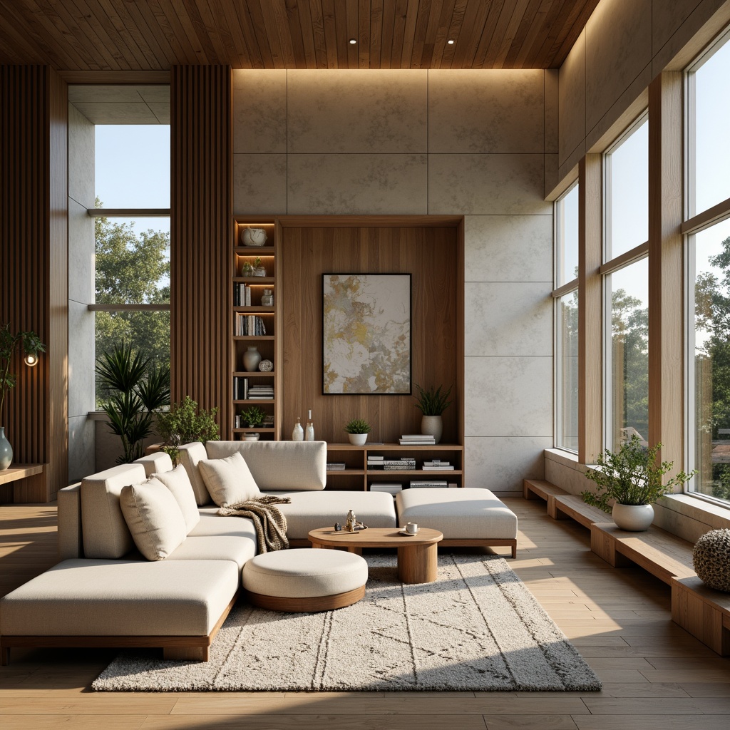 Prompt: Modern living room, sleek minimalist furniture, neutral color palette, natural textiles, wooden accents, floor-to-ceiling windows, abundant natural light, cozy reading nook, plush area rug, geometric patterned wallpaper, ambient warm lighting, 1/1 composition, shallow depth of field, realistic textures, soft focus blur.