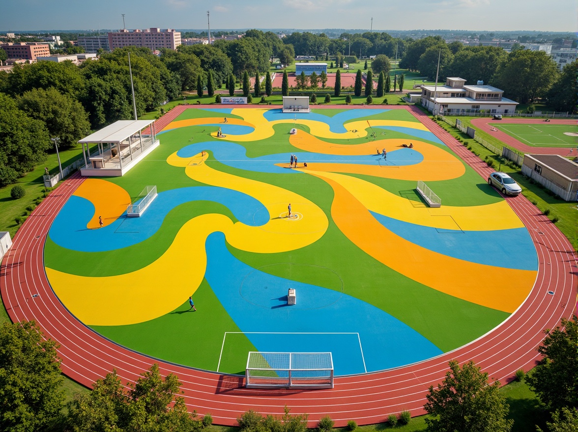 Prompt: Vibrant sports fields, eclectic color palette, bold stripes, bright yellows, deep blues, energetic oranges, lime greens, dynamic patterns, abstract shapes, modern athletic facilities, sleek track lanes, professional soccer goals, basketball courts, tennis nets, baseball diamonds, lush green grass, natural earthy tones, sunny day, soft warm lighting, shallow depth of field, 3/4 composition, panoramic view, realistic textures, ambient occlusion.