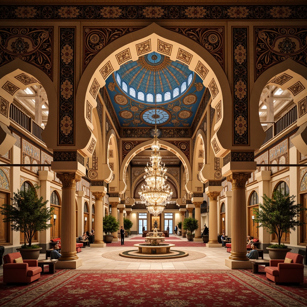 Prompt: Vibrant Islamic-inspired architecture, intricate geometric motifs, ornate tile work, symmetrical archways, grand domes, minarets, colorful mosaics, luxurious textiles, opulent furnishings, lavish decorations, majestic columns, grandiose chandeliers, warm golden lighting, shallow depth of field, 3/4 composition, panoramic view, realistic textures, ambient occlusion.