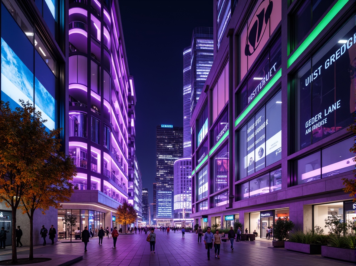 Prompt: Neon-lit cityscape, futuristic skyscrapers, iridescent glass facades, holographic advertisements, vibrant purple and green hues, metallic silver accents, glowing blue lines, sleek aerodynamic shapes, retro-futuristic nostalgia, cyberpunk influences, high-tech gadgetry, virtual reality interfaces, neon-drenched alleys, 3D projection mapping, cinematic lighting, shallow depth of field, 1/1 composition, futuristic typography, abstract geometric patterns.