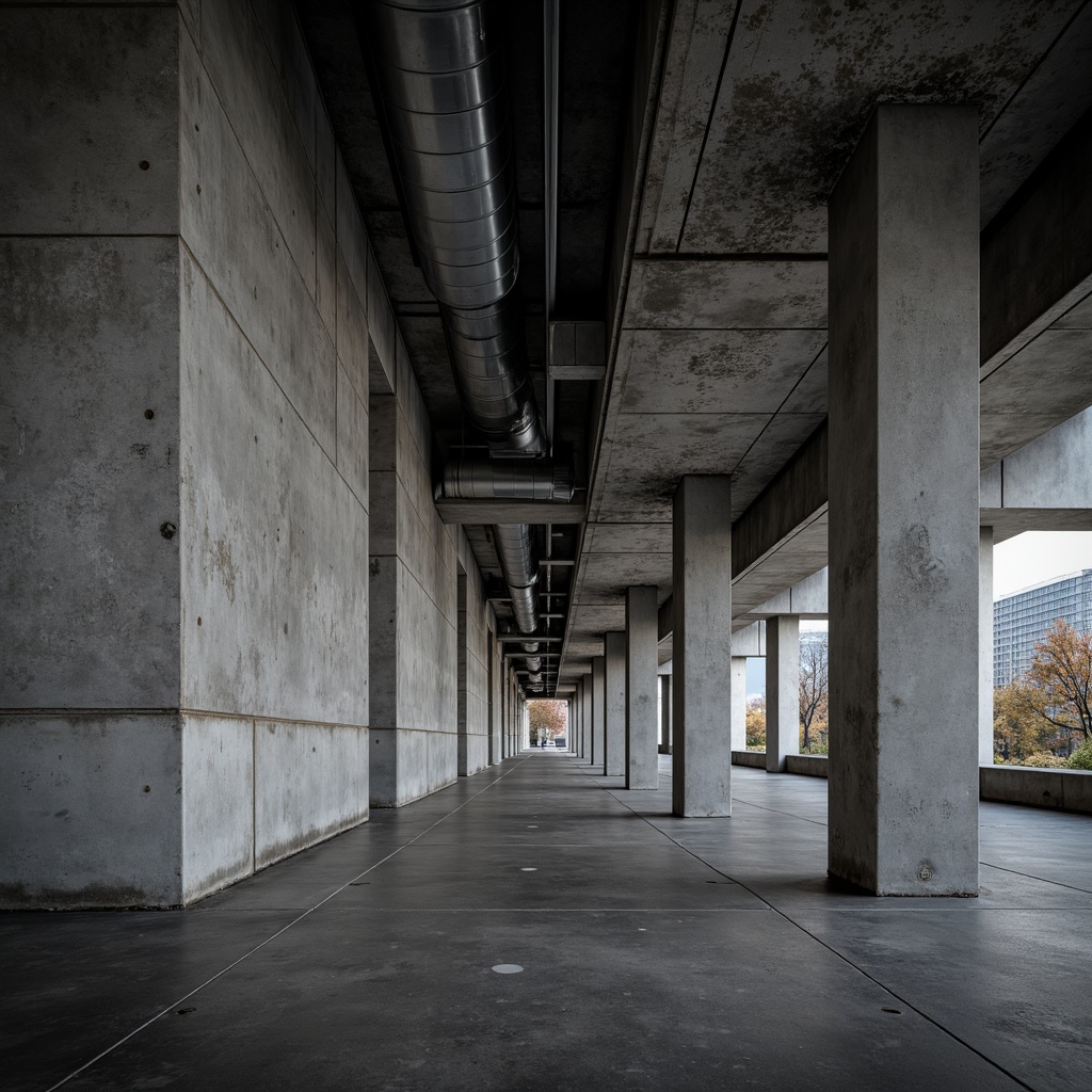 Prompt: Industrial concrete walls, exposed ductwork, metallic beams, urban cityscape, modern brutalist architecture, rough unfinished surfaces, monochromatic color palette, dramatic shadows, high contrast lighting, 1/2 composition, close-up shot, realistic textures, ambient occlusion.