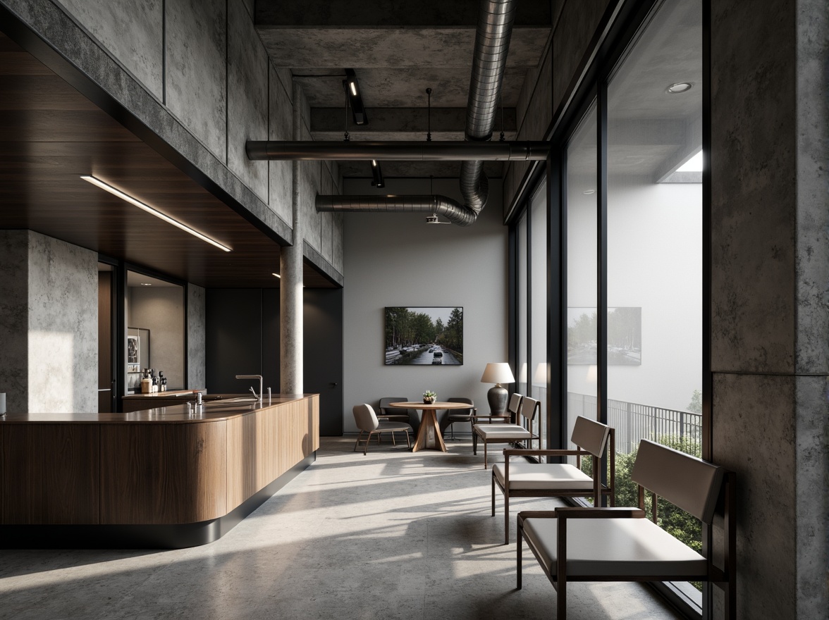 Prompt: Monochromatic interior, sleek lines, minimal ornamentation, industrial materials, exposed concrete walls, polished steel beams, reclaimed wood accents, matte black metal frames, frosted glass partitions, natural stone flooring, subtle texture variations, ambient soft lighting, shallow depth of field, 1/1 composition, realistic renderings, atmospheric perspective.