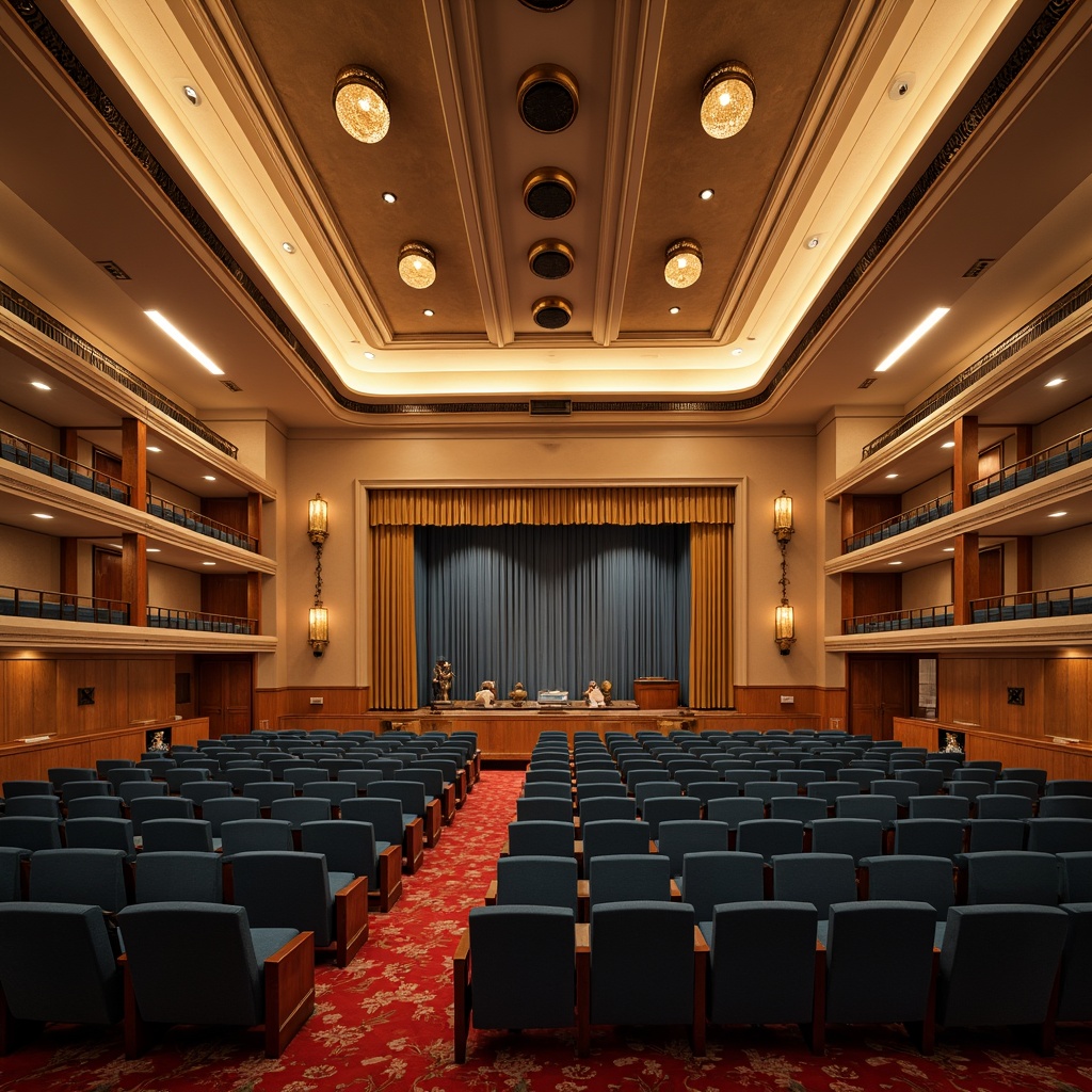 Prompt: Elegant auditorium interior, rich wood tones, warm beige walls, deep blue seats, golden lighting fixtures, sophisticated sound systems, acoustic panels, plush red carpets, dramatic stage lighting, grand chandeliers, ornate architectural details, luxurious velvet curtains, soft cream-colored ceilings, subtle texture contrasts, 1/2 composition, atmospheric misty lighting, realistic material reflections.