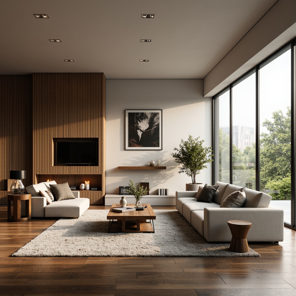 Prompt: Modern living room, sleek minimalist furniture, neutral color palette, natural textiles, wooden accents, floor-to-ceiling windows, abundant natural light, cozy reading nook, plush area rug, geometric patterned wallpaper, ambient warm lighting, 1/1 composition, shallow depth of field, realistic textures, soft focus blur.