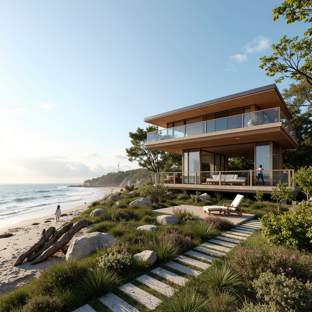 Prompt: Eco-friendly coastal residence, oceanfront views, sandy beaches, driftwood accents, recycled materials, green roofs, solar panels, wind turbines, rainwater harvesting systems, natural ventilation, large windows, sliding glass doors, minimalist interior design, reclaimed wood flooring, low-carbon footprint, energy-efficient appliances, organic gardens, native plant species, sea-inspired color palette, soft ocean breeze, warm sunlight, shallow depth of field, 1/1 composition, realistic textures, ambient occlusion.