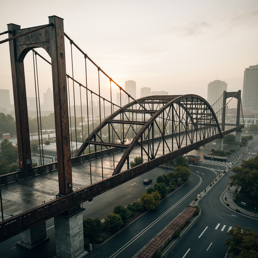 Prompt: Rustic vehicular bridge, steel arches, suspension cables, concrete piers, asphalt roadways, metallic railings, modern infrastructure design, urban cityscape, misty morning atmosphere, soft warm lighting, shallow depth of field, 3/4 composition, panoramic view, realistic textures, ambient occlusion.