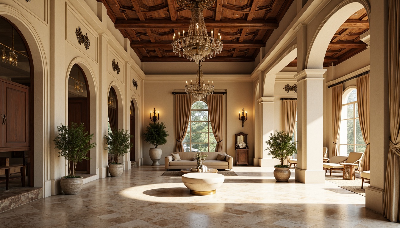 Prompt: Warm beige stone fa\u00e7ade, rich walnut wood accents, soft cream-colored stucco, muted terracotta roof tiles, elegant bronze metalwork, subtle gold leaf detailing, ornate plaster moldings, grandiose crystal chandeliers, lavish velvet drapes, intricate marble flooring, sophisticated neutral color scheme, classic symmetrical composition, dramatic high ceilings, ornamental pilasters, refined Renaissance-inspired ornamentation, warm golden lighting, shallow depth of field, 1/1 composition, realistic textures, ambient occlusion.