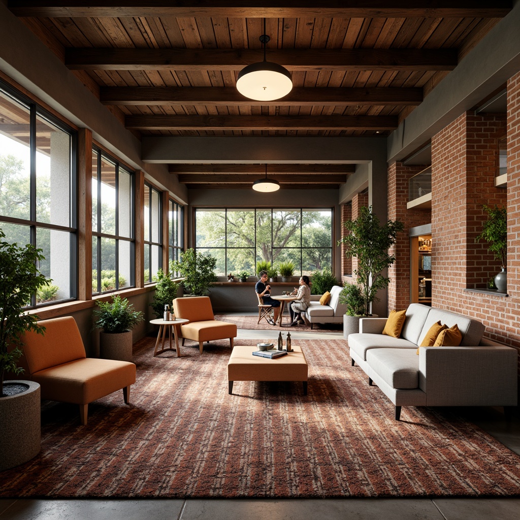 Prompt: Cozy student lounge, warm wooden accents, plush carpeting, comfortable sofas, rustic brick walls, industrial metal beams, natural stone columns, earthy color palette, abundant greenery, floor-to-ceiling windows, soft diffused lighting, shallow depth of field, 3/4 composition, panoramic view, realistic textures, ambient occlusion.