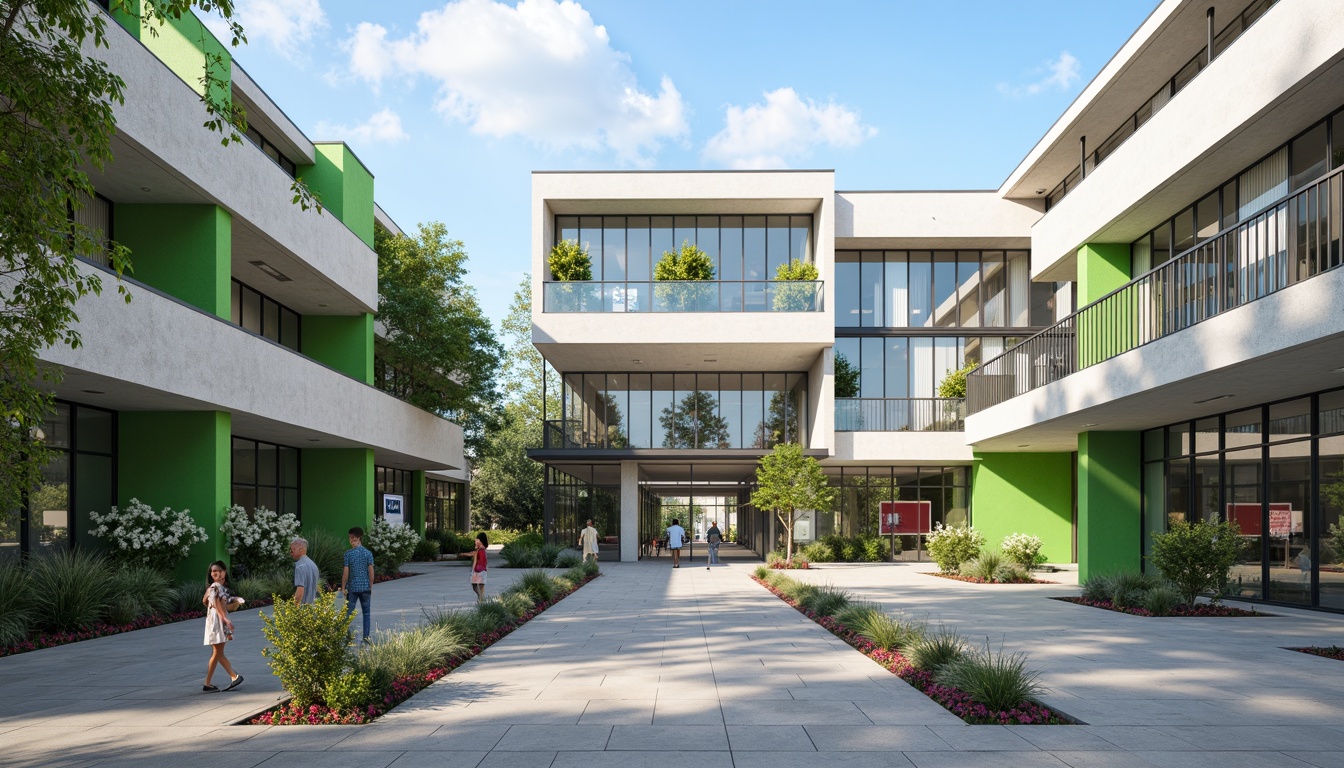 Prompt: Modern high school facade, clean lines, minimalist aesthetic, large glass windows, metal frames, cantilevered roofs, open courtyard, vibrant green walls, educational signage, sleek handrails, polished concrete floors, natural stone cladding, abstract geometric patterns, bold color accents, dynamic shading, 1/1 composition, softbox lighting, realistic reflections, ambient occlusion.