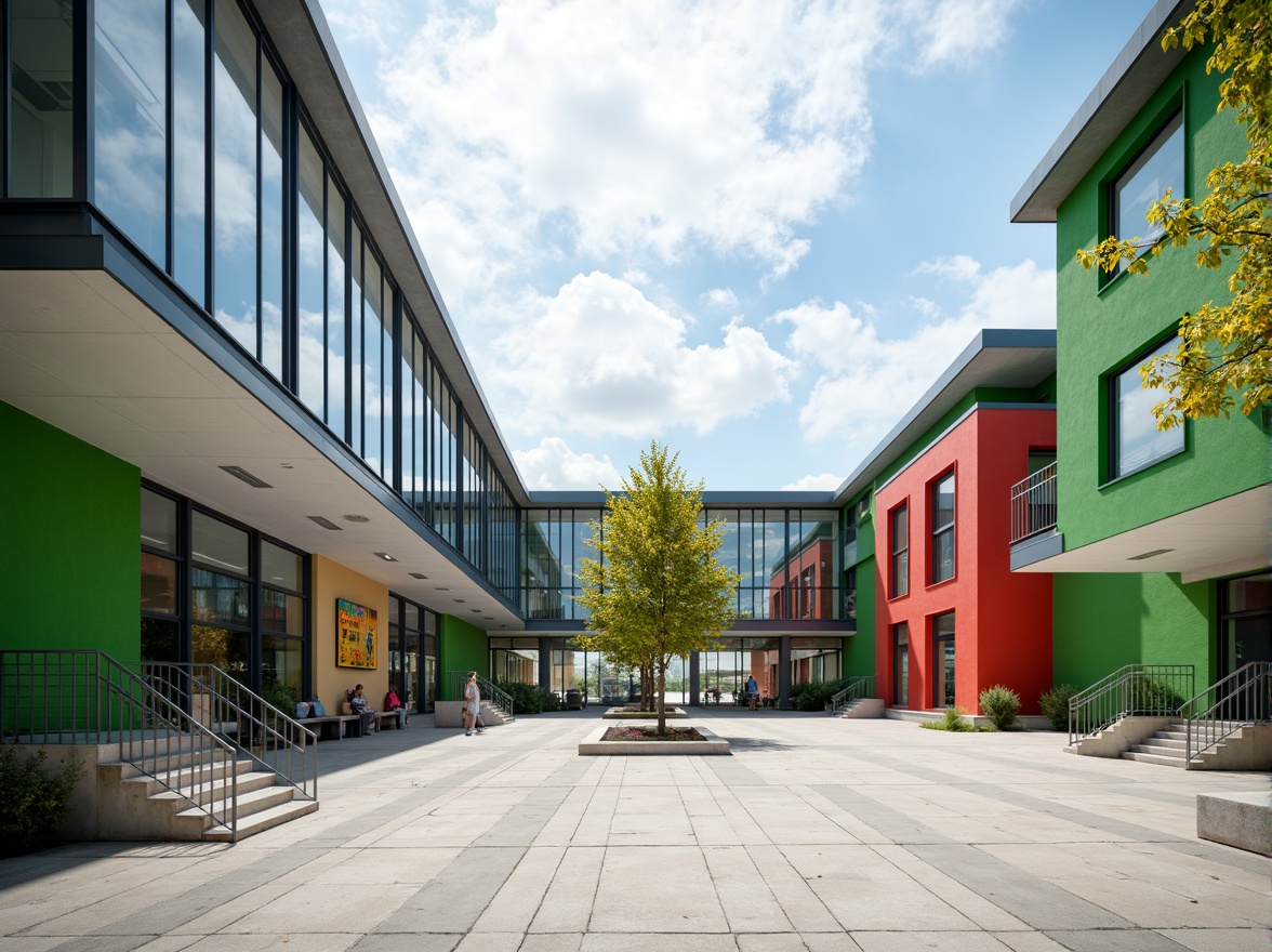 Prompt: Modern high school facade, clean lines, minimalist aesthetic, large glass windows, metal frames, cantilevered roofs, open courtyard, vibrant green walls, educational signage, sleek handrails, polished concrete floors, natural stone cladding, abstract geometric patterns, bold color accents, dynamic shading, 1/1 composition, softbox lighting, realistic reflections, ambient occlusion.