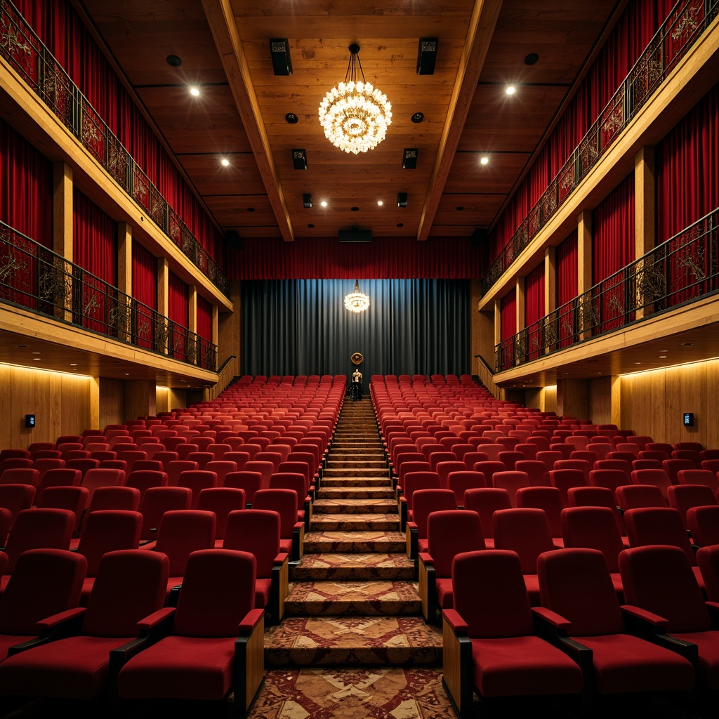 Prompt: Luxurious auditorium interior, rich velvet curtains, warm golden lighting, dark wood accents, plush red seats, ornate metal details, grand chandeliers, sophisticated sound systems, acoustic panels, dramatic spotlights, soft carpeting, elegant staircases, refined architectural lines, subtle texture contrasts, atmospheric ambiance, 1/2 composition, cinematic lighting, realistic reflections.