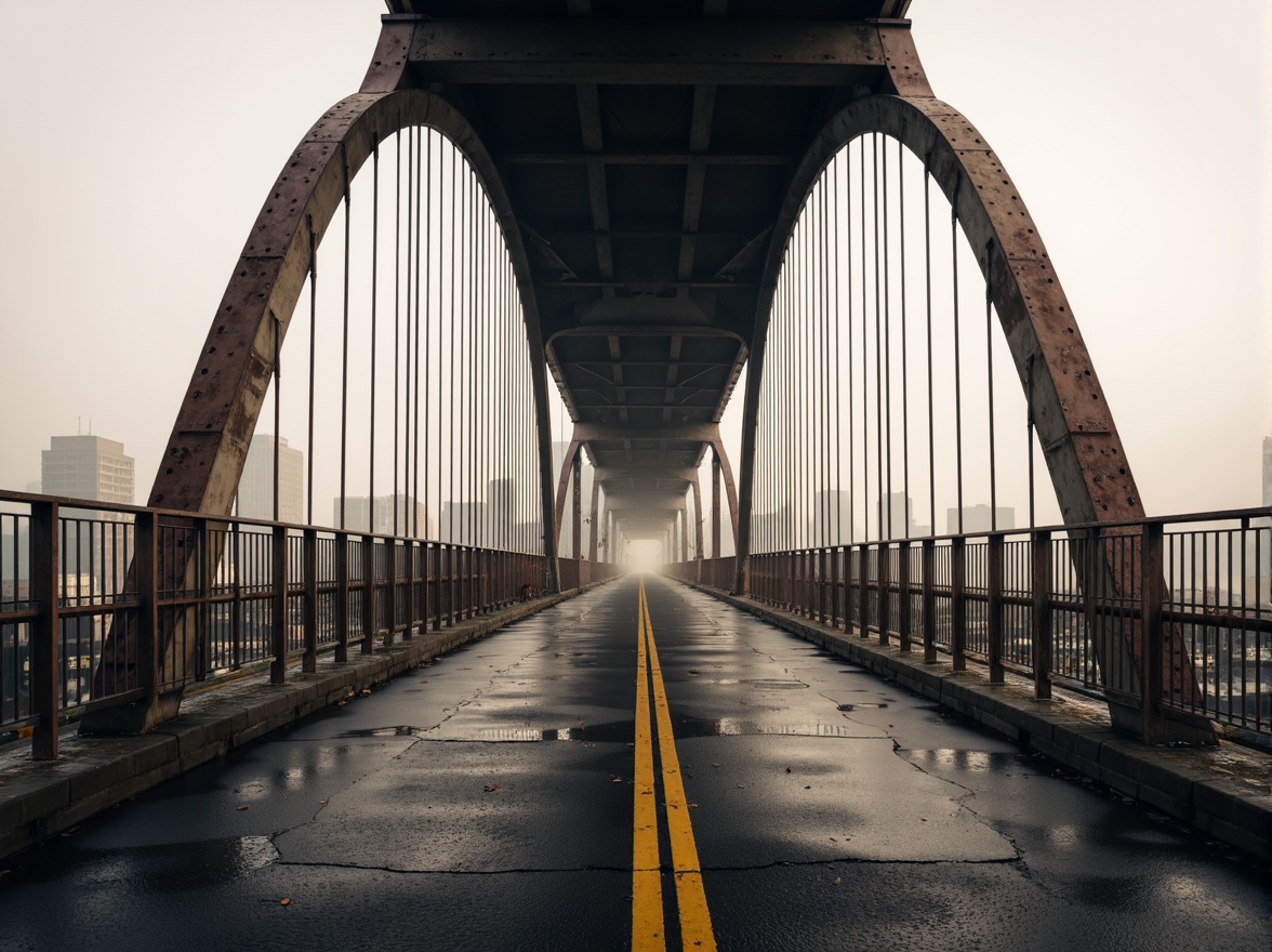 Prompt: Rustic vehicular bridge, steel arches, suspension cables, concrete piers, asphalt roadways, metallic railings, urban cityscape, misty morning fog, soft warm lighting, shallow depth of field, 1/1 composition, realistic textures, ambient occlusion, structural beams, load-bearing columns, reinforced concrete foundations, drainage systems, waterproof coatings, anti-corrosion treatments, safety barriers, pedestrian walkways, scenic overlooks.