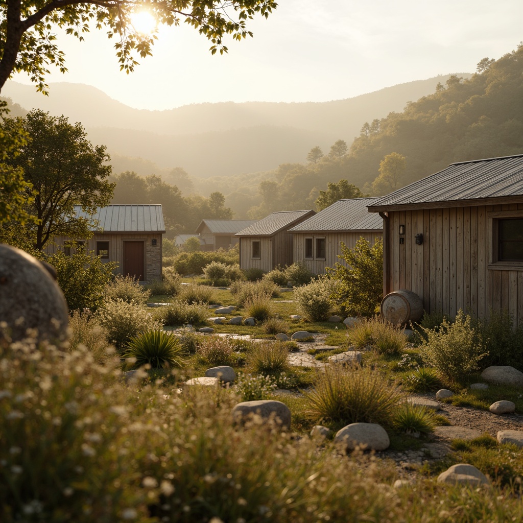 Prompt: Rustic rural landscape, earthy tones, warm beige, soft sage, muted terracotta, weathered wood textures, natural stone walls, vintage metal roofs, wildflower fields, rolling hills, serene countryside, misty morning, golden hour lighting, shallow depth of field, 1/2 composition, intimate focus, realistic atmosphere, subtle color grading.