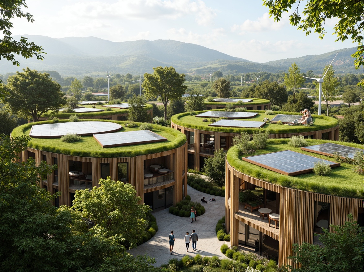 Prompt: Eco-friendly buildings, lush green roofs, solar panels, wind turbines, rainwater harvesting systems, natural ventilation, recycled materials, bamboo facades, living walls, organic shapes, curved lines, earthy tones, serene atmosphere, soft natural lighting, shallow depth of field, 3/4 composition, panoramic view, realistic textures, ambient occlusion.