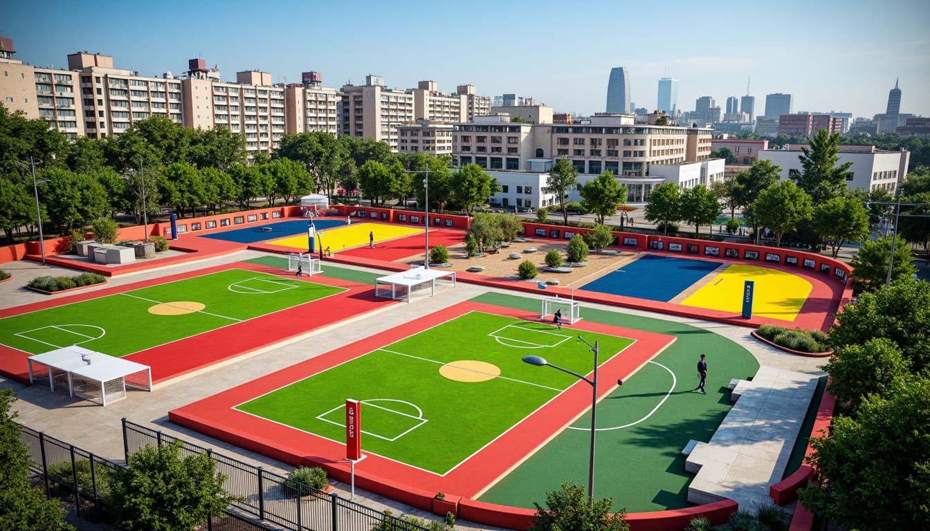 Prompt: Vibrant sports fields, eclectic mix of materials, bold color blocking, dynamic shapes, abstract patterns, modernist architecture, functional zones, athletic tracks, soccer goals, basketball courts, tennis nets, spectator seating, shaded areas, natural grass, artificial turf, urban landscape, city skyline, sunny day, dramatic lighting, high contrast, 1/2 composition, wide-angle lens, realistic textures, ambient occlusion.