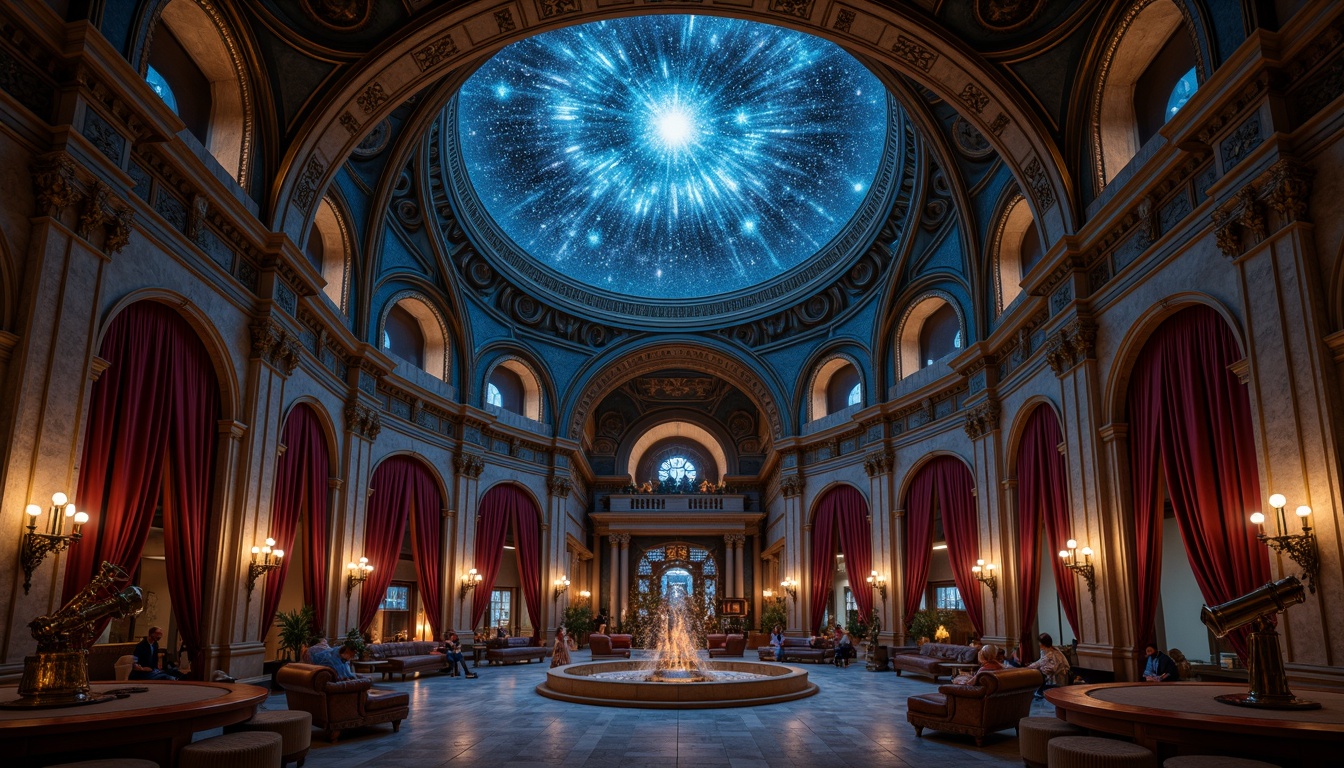 Prompt: Celestial dome structure, starry night sky, twinkling lights, romantic ambiance, soft warm glow, grandiose architecture, ornate details, Baroque-inspired design, sweeping curves, majestic proportions, luxurious materials, velvet drapes, golden accents, intricate frescoes, astronomical instruments, antique telescopes, mysterious shadows, dramatic lighting, 1/1 composition, shallow depth of field, cinematic atmosphere.