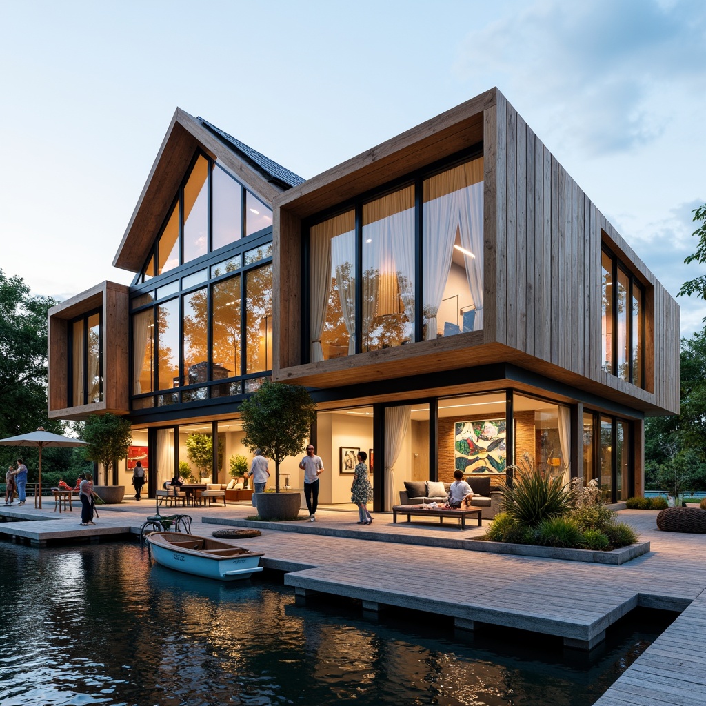 Prompt: Waterfront boathouse, rustic wooden docks, serene lake views, modern glazing systems, floor-to-ceiling windows, sliding glass doors, reflective water-inspired fa\u00e7ades, angular metal frames, minimalist design, sustainable energy solutions, solar panels, green roofs, eco-friendly materials, innovative cooling technologies, shaded outdoor spaces, misting systems, nautical-themed decorations, vibrant colorful textiles, intricate geometric motifs, warm soft lighting, shallow depth of field, 3/4 composition, panoramic view, realistic textures, ambient occlusion.