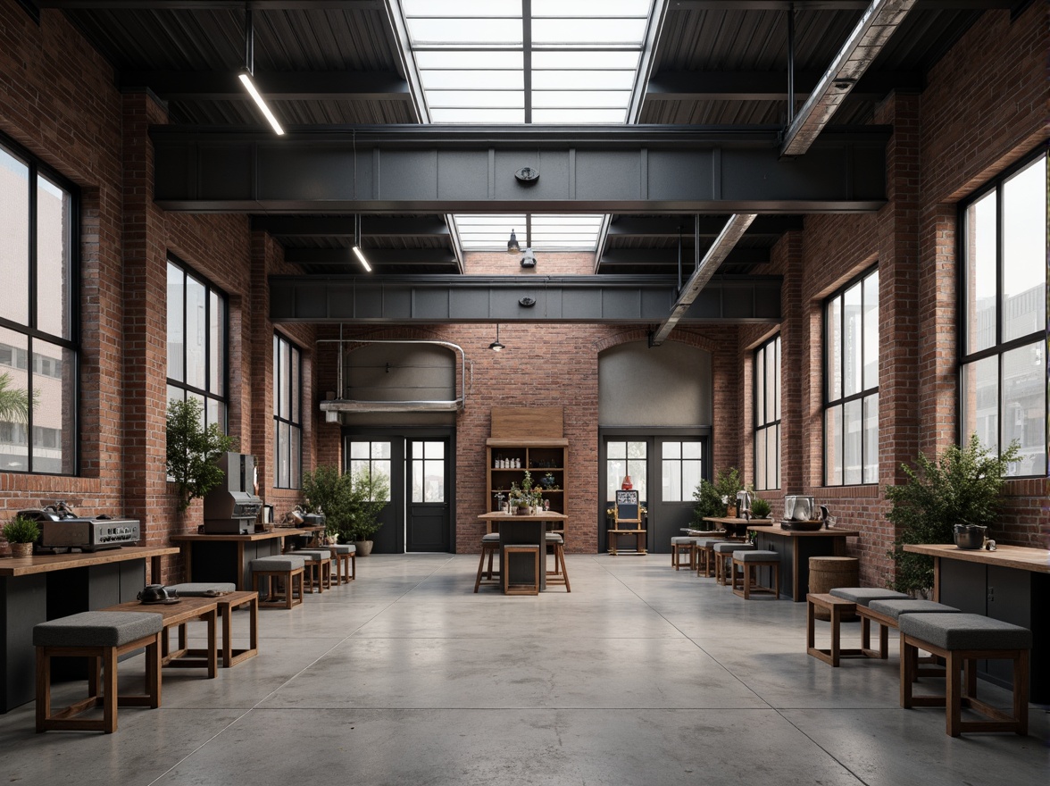 Prompt: Industrial factory setting, exposed brick walls, metal beams, concrete floors, minimalist decor, functional machinery, textured surfaces, distressed wood accents, industrial lighting fixtures, urban atmosphere, cloudy day, soft diffused lighting, shallow depth of field, 1/1 composition, realistic materials, ambient occlusion.