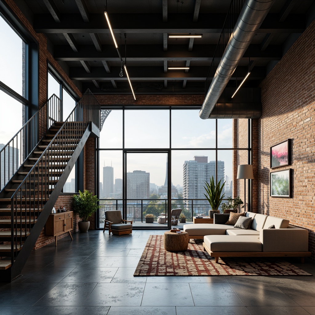 Prompt: Industrial chic loft, exposed brick walls, metal beams, polished concrete floors, minimalist decor, sleek lines, modern high-tech gadgets, futuristic lighting fixtures, floor-to-ceiling windows, cityscape views, urban landscape, cloudy day, soft natural light, shallow depth of field, 3/4 composition, panoramic view, realistic textures, ambient occlusion, reclaimed wood accents, industrial metal stairs, open-plan living area, cozy reading nooks, plush sectional sofas, geometric patterned rugs.