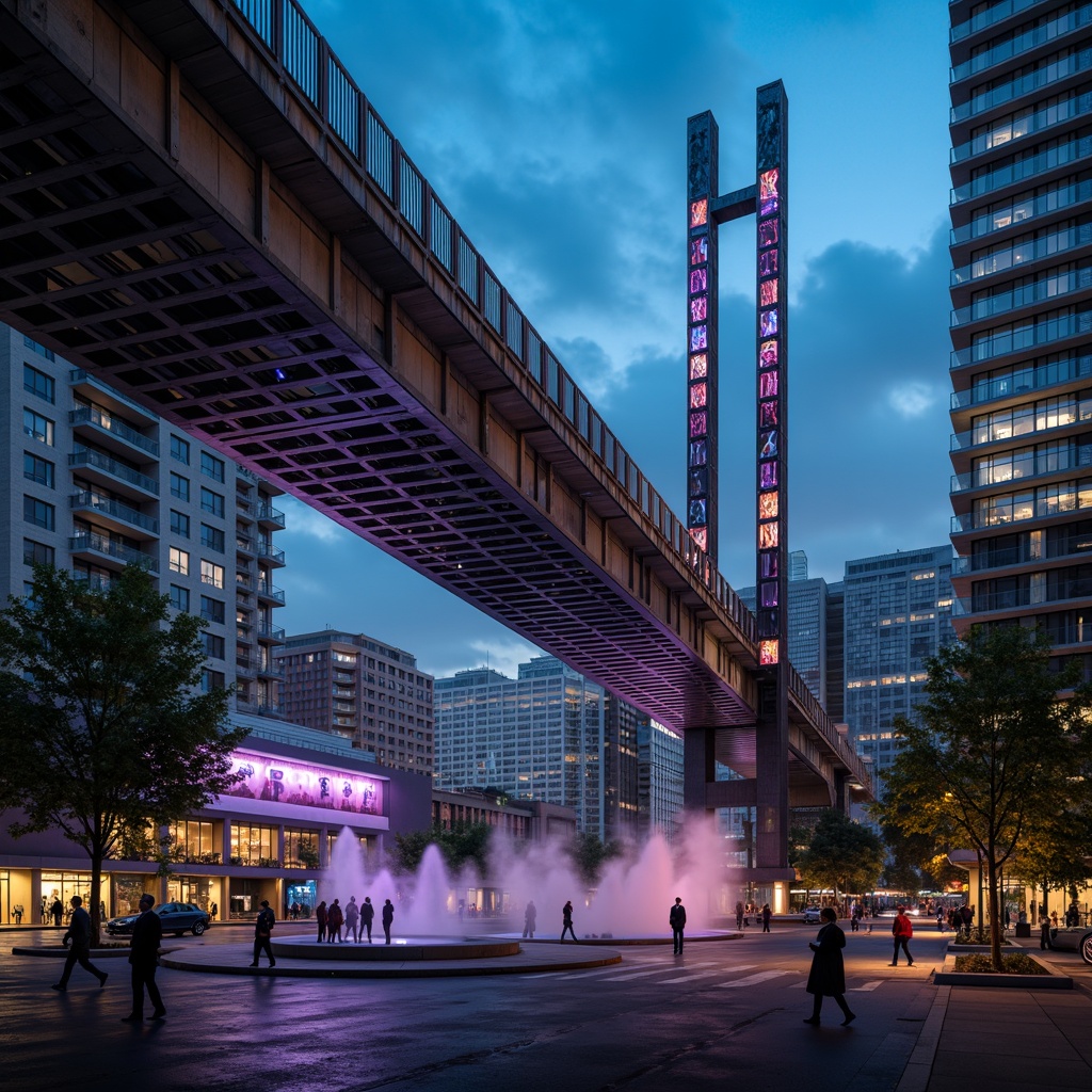 Prompt: Futuristic bridge design, sleek metal structures, LED lighting systems, neon accents, dynamic color changing effects, misty atmospheric fog, urban cityscape, modern skyscrapers, bustling streets, vibrant nightlife, high-contrast dramatic lighting, 3/4 composition, low-angle shot, cinematic mood, realistic reflections, ambient occlusion.