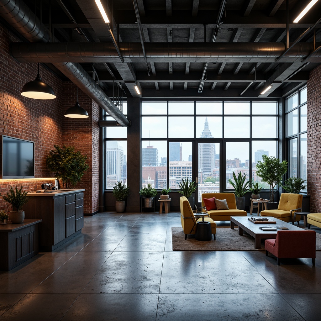 Prompt: Industrial chic loft, exposed brick walls, metal beams, polished concrete floors, minimalist decor, sleek lines, modern high-tech gadgets, futuristic lighting fixtures, neon accents, urban cityscape views, floor-to-ceiling windows, open-plan living areas, modular furniture, ergonomic seating, collaborative workspaces, virtual reality zones, 3D printing stations, smart home automation systems, ambient LED lighting, shallow depth of field, 2/3 composition, cinematic camera angles, realistic metallic textures, advanced particle simulations.