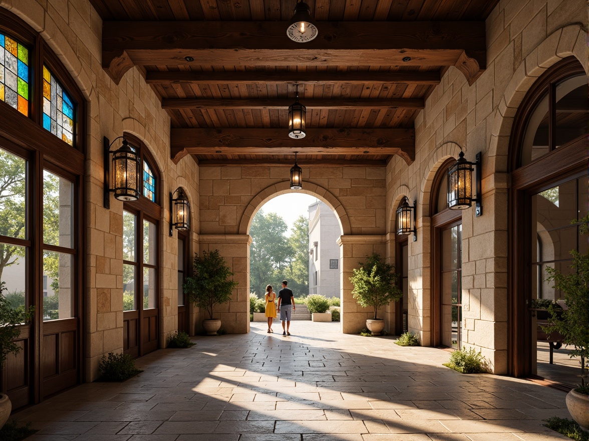 Prompt: Rustic stone walls, arched windows, ornate carvings, grand entrance halls, high ceilings, wooden beams, vintage lanterns, stained glass details, earthy color palette, natural light pouring in, warm afternoon ambiance, shallow depth of field, 1/1 composition, symmetrical framing, realistic textures, ambient occlusion.