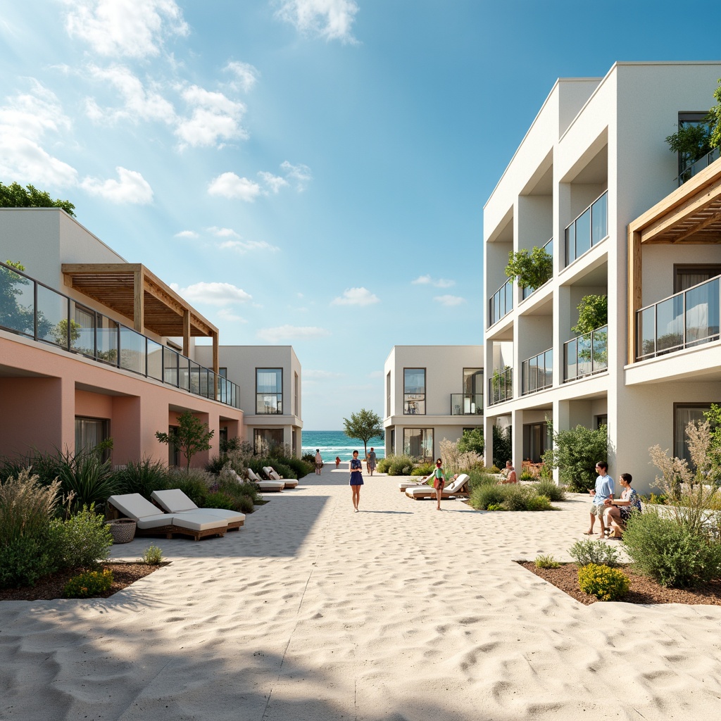 Prompt: Sandy beachside, oceanfront villas, pastel-colored facades, driftwood accents, sea-salt weathered roofs, nautical-themed decorations, calming turquoise hues, soft peach tones, creamy whites, warm beige textures, natural stone foundations, rustic wooden decks, sailboat-inspired railings, seaside promenades, gentle ocean breezes, warm sunny days, shallow depth of field, 1/1 composition, realistic renderings, ambient occlusion.