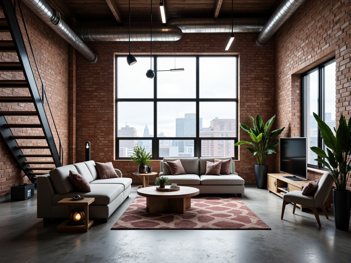 Prompt: Industrial chic loft, exposed brick walls, metal beams, polished concrete floors, minimalist decor, sleek lines, modern high-tech gadgets, futuristic lighting fixtures, floor-to-ceiling windows, cityscape views, urban landscape, cloudy day, soft natural light, shallow depth of field, 3/4 composition, panoramic view, realistic textures, ambient occlusion, reclaimed wood accents, industrial metal stairs, open-plan living area, cozy reading nooks, plush sectional sofas, geometric patterned rugs.