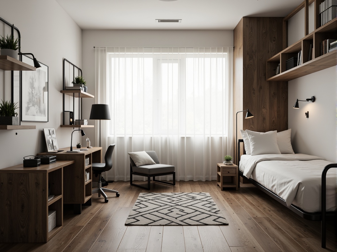 Prompt: Simple dorm room, minimal decor, monochromatic color scheme, sleek metal furniture, compact storage units, clutter-free space, natural light pouring in, sheer white curtains, wooden flooring, geometric-shaped rug, modern desk lamp, ergonomic chair, built-in shelves, industrial-chic accents, calm atmosphere, soft warm lighting, shallow depth of field, 1/1 composition, realistic textures, ambient occlusion.