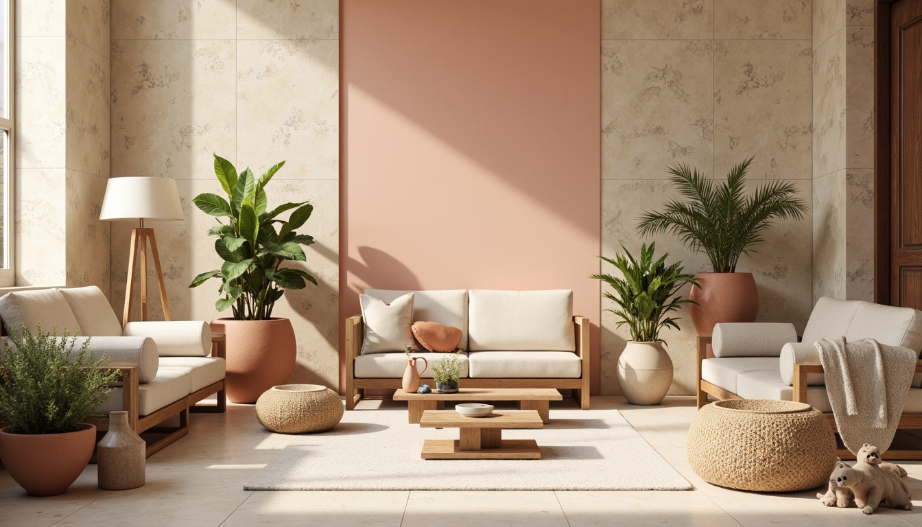 Prompt: Soft peach tones, creamy whites, warm beige accents, rich walnut wood, subtle gold metallic hints, delicate linen textures, natural stone backgrounds, earthy terracotta pots, lush green foliage, misty morning light, shallow depth of field, 1/2 composition, realistic renderings, ambient occlusion.