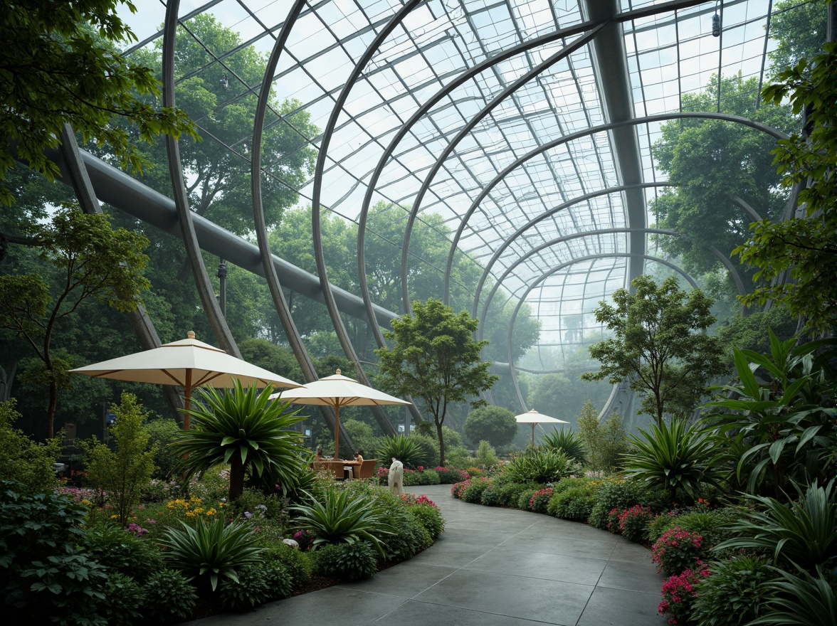 Prompt: Futuristic greenhouse, lush tropical plants, misty atmosphere, iridescent glass walls, curved metal framework, sustainable energy harvesting, solar panels, wind turbines, water recycling systems, green roofs, eco-friendly materials, innovative climate control, shaded outdoor spaces, misting systems, vibrant colorful accents, intricate geometric patterns, serene ambiance, soft warm lighting, shallow depth of field, 3/4 composition, panoramic view, realistic textures, ambient occlusion.