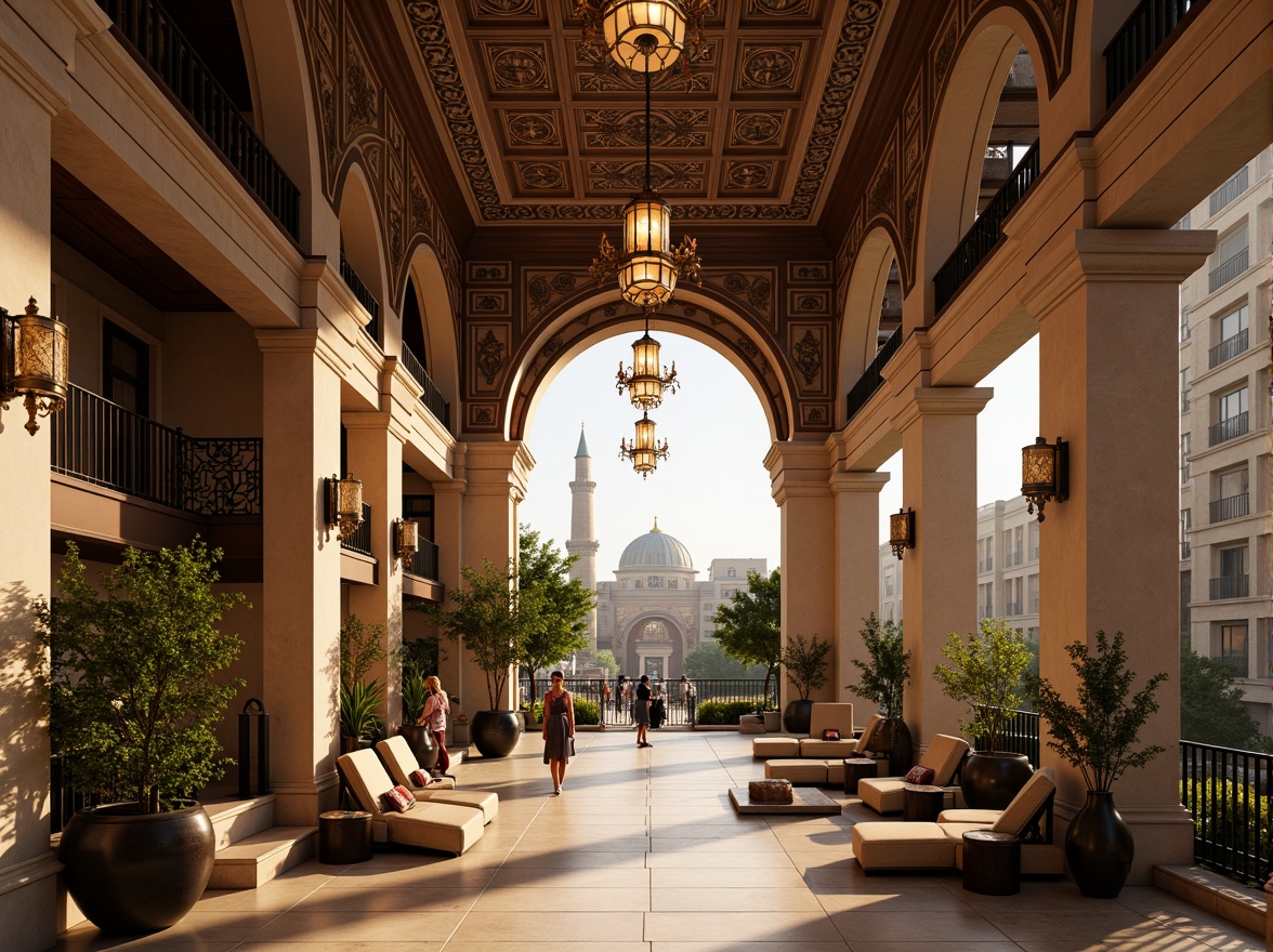 Prompt: Intricate arches, ornate columns, Byzantine-inspired architecture, luxurious apartment complex, grand entrance hall, high ceilings, marble floors, ornamental chandeliers, lavish furnishings, rich textiles, warm golden lighting, shallow depth of field, 1/1 composition, realistic textures, ambient occlusion, urban cityscape, bustling streets, modern amenities, rooftop gardens, panoramic views.