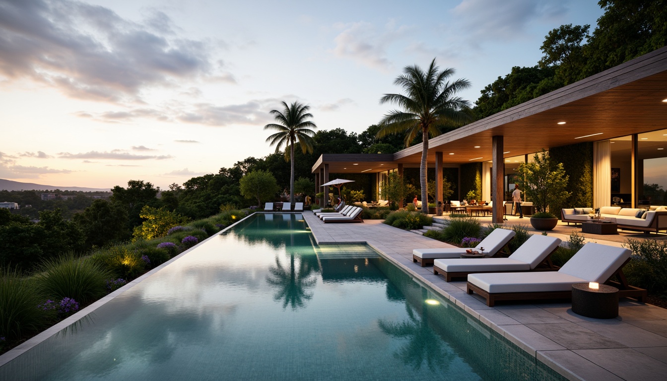 Prompt: Luxurious villa, modernist architecture, sleek lines, minimalist decor, expansive outdoor spaces, lush greenery, tropical plants, infinity pool, sun loungers, wooden decking, natural stone paving, ambient lighting, warm sunset, shallow depth of field, 3/4 composition, panoramic view, realistic textures, soft focus, serene atmosphere.