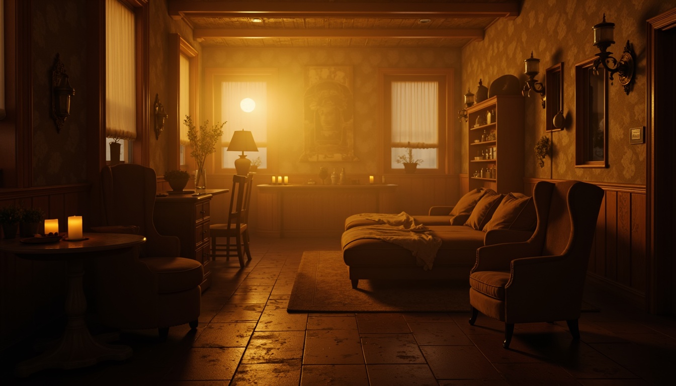 Prompt: Moody atmospheric scene, warm golden lighting, rich wood tones, earthy brown colors, soft beige textures, misty foggy background, mysterious dark shadows, vintage distressed walls, antique furniture pieces, ornate metal fixtures, dimly lit candles, cozy intimate setting, 1/2 composition, shallow depth of field, cinematic color grading.