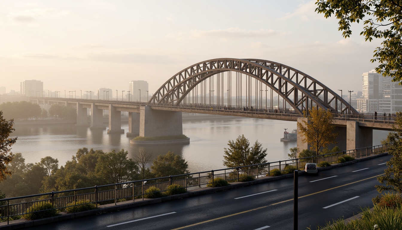 Prompt: Rustic vehicular bridge, steel arches, suspension cables, concrete piers, asphalt roadways, metallic railings, urban cityscape, misty morning fog, soft warm lighting, shallow depth of field, 1/1 composition, realistic textures, ambient occlusion, structural beams, load-bearing columns, reinforced concrete foundations, drainage systems, waterproof coatings, anti-corrosion treatments, safety barriers, pedestrian walkways, scenic overlooks.