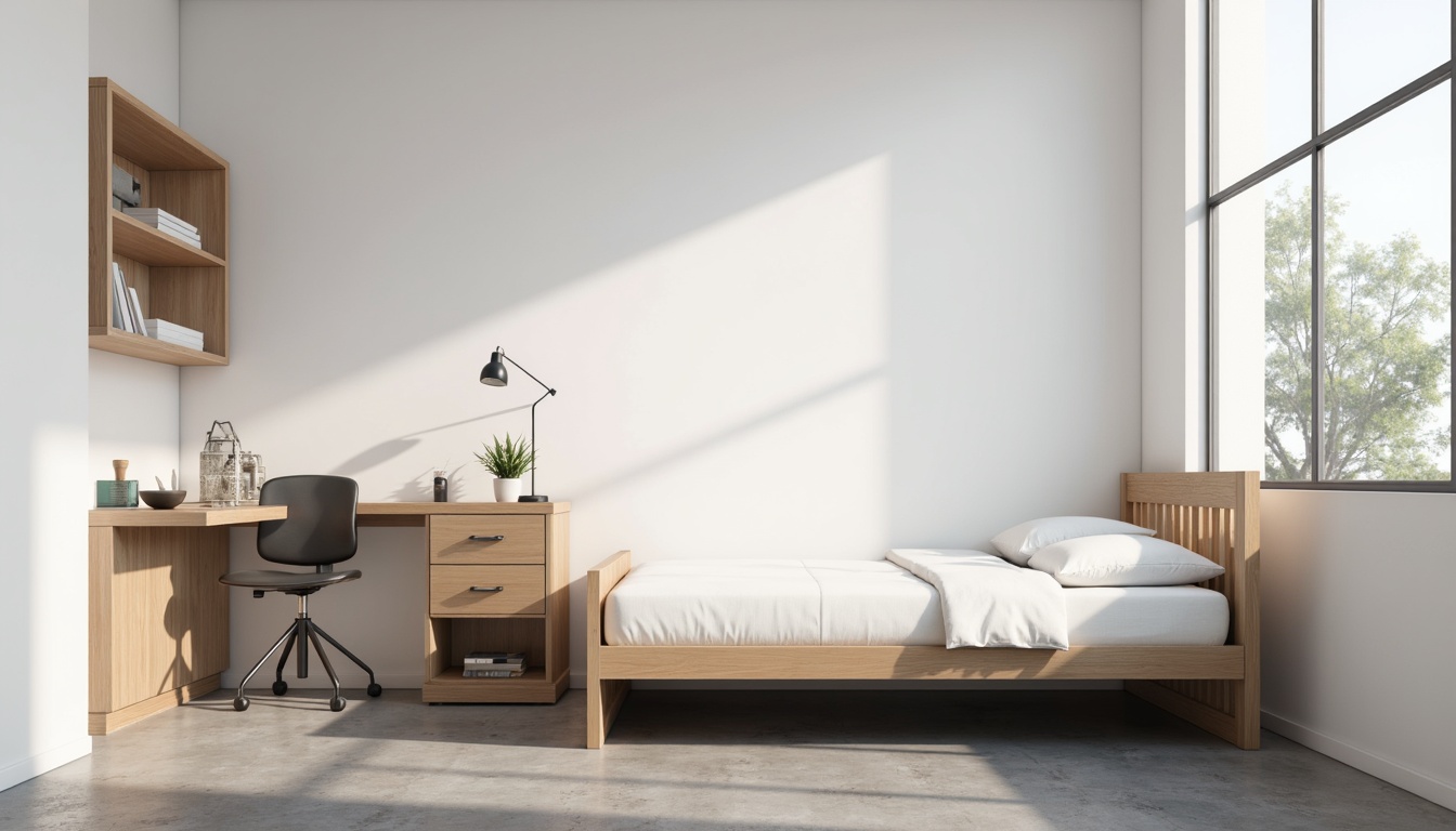 Prompt: Simple dorm room, minimal decor, monochromatic color scheme, sleek wooden furniture, low-profile bed frame, compact desk, ergonomic chair, geometric-shaped nightstand, industrial-style lighting fixtures, concrete floors, plain white walls, subtle textures, natural light, soft shadows, 1/1 composition, realistic rendering, ambient occlusion.