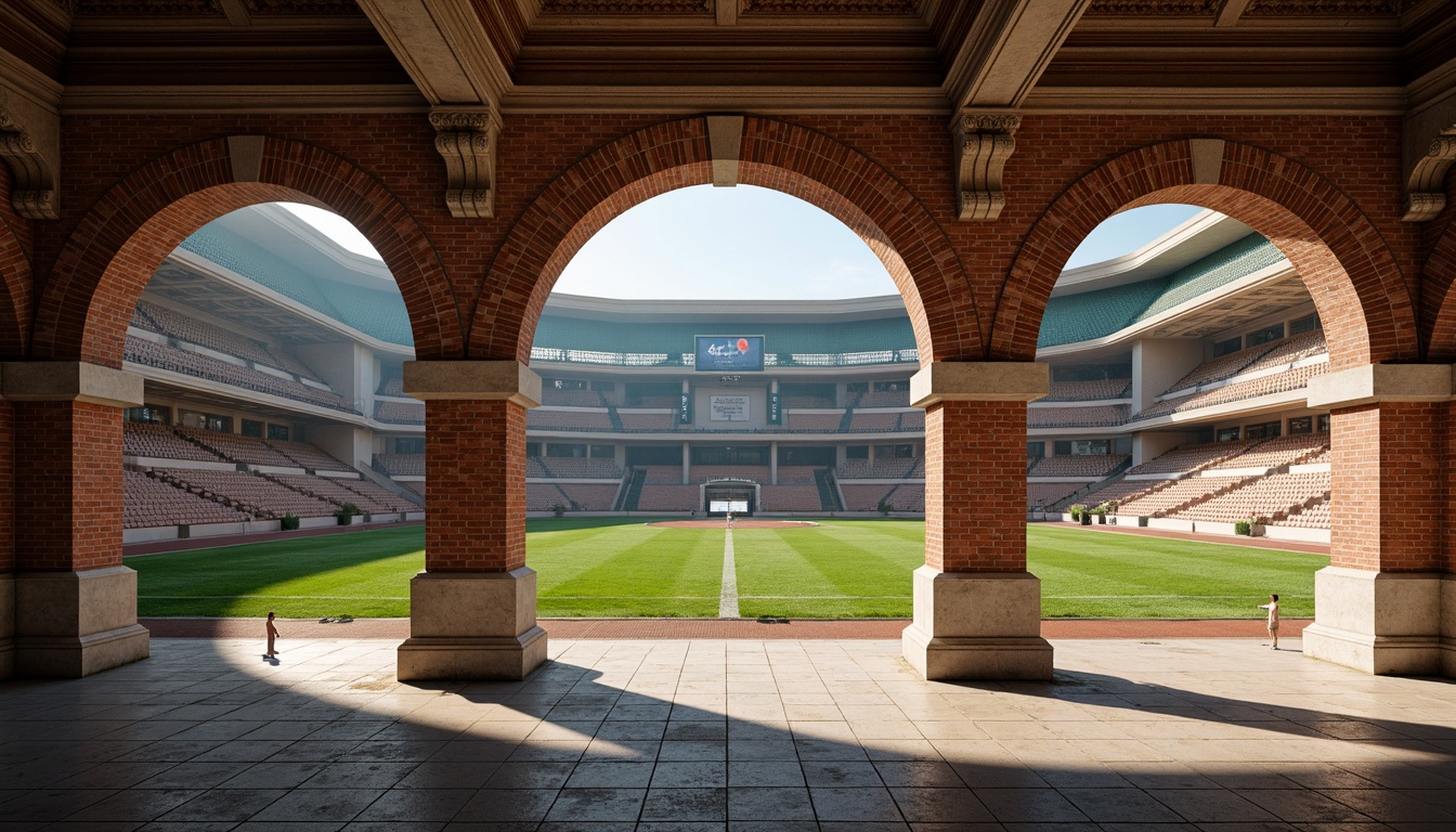 Prompt: Grand stadium architecture, rustic masonry walls, arches, columns, ornate stone carvings, textured brick facades, earthy tones, natural materials, imposing grandstands, tiered seating, lush green fields, athletic tracks, scoreboard displays, floodlighting, dramatic shadows, 1/2 composition, low-angle shot, realistic textures, ambient occlusion.