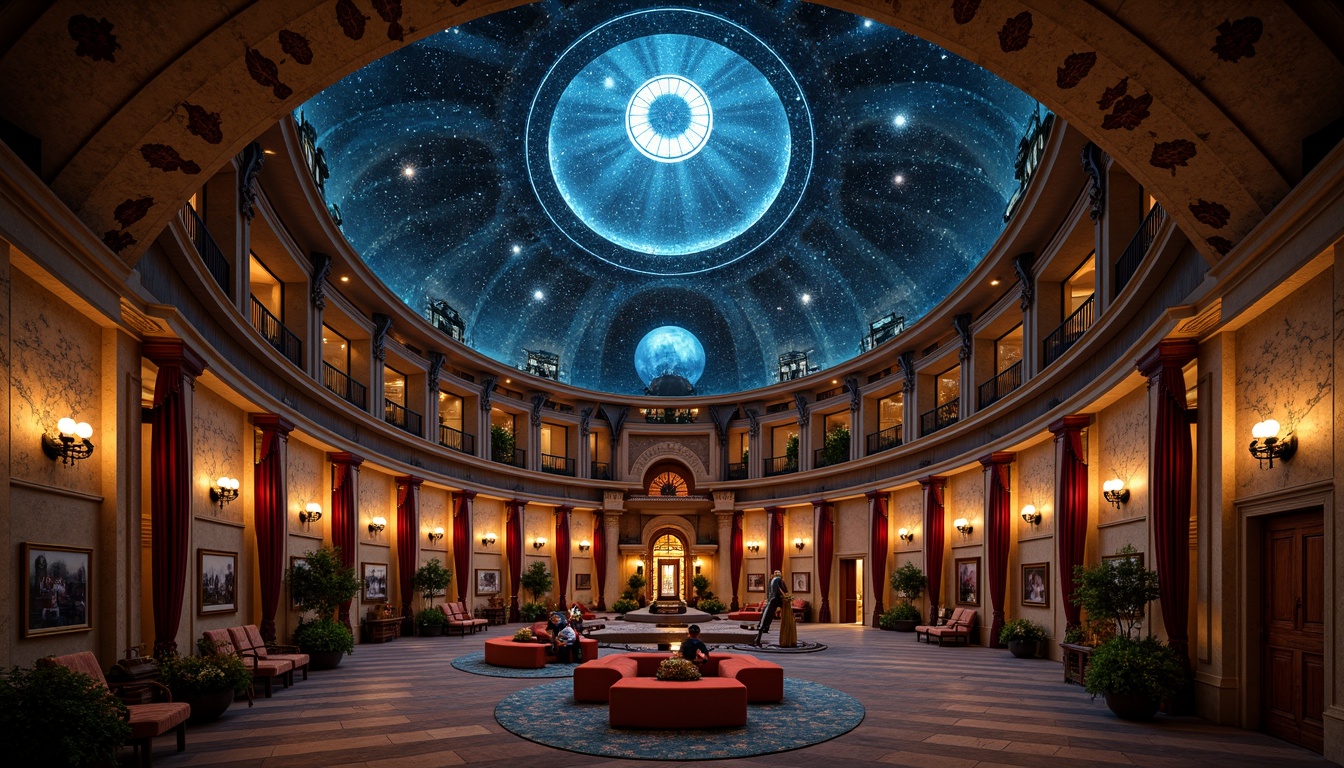 Prompt: Celestial dome structure, starry night sky, twinkling lights, romantic ambiance, soft warm glow, grandiose architecture, ornate details, Baroque-inspired design, sweeping curves, majestic proportions, luxurious materials, velvet drapes, golden accents, intricate frescoes, astronomical instruments, antique telescopes, mysterious shadows, dramatic lighting, 1/1 composition, shallow depth of field, cinematic atmosphere.