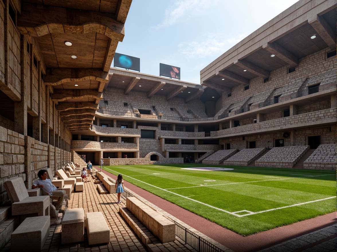 Prompt: Grand stadium architecture, rustic masonry walls, arches, columns, ornate stone carvings, textured brick facades, earthy tones, natural materials, imposing grandstands, tiered seating, lush green fields, athletic tracks, scoreboard displays, floodlighting, dramatic shadows, 1/2 composition, low-angle shot, realistic textures, ambient occlusion.