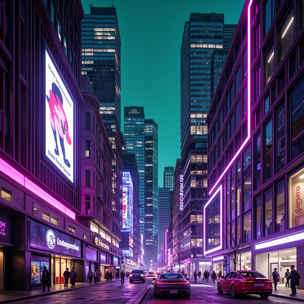 Prompt: Neon-lit cityscape, futuristic skyscrapers, iridescent glass facades, holographic advertisements, vibrant purple and green hues, metallic silver accents, glowing blue lines, sleek aerodynamic shapes, retro-futuristic nostalgia, cyberpunk influences, high-tech gadgetry, virtual reality interfaces, neon-drenched alleys, 3D projection mapping, cinematic lighting, shallow depth of field, 1/1 composition, futuristic typography, abstract geometric patterns.